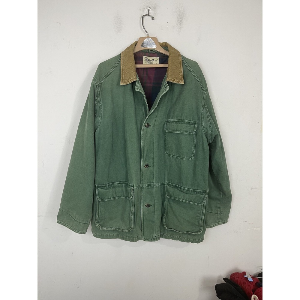 Eddie Bauer Men's XL Tall Green Chore Work Utility Jacket Corduroy Collar Plaid
